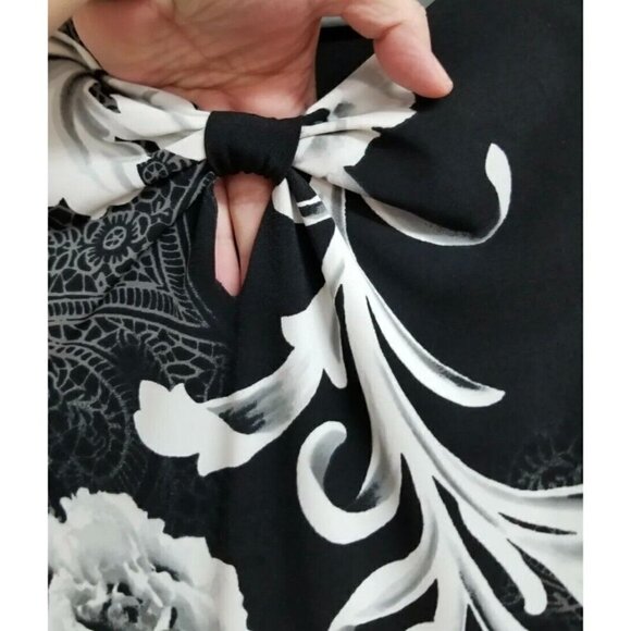 White House Black Market Sz XS Black Floral Print Keyhole Bow Slinky Shift Dress - Picture 6 of 9